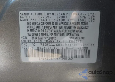 2019 Nissan Sentra Sv z USA, uszkodzony, nr VIN 3N1AB7AP7KY390142